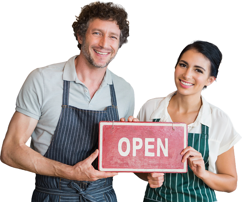 couple with sopen sign man and woman holding open sign